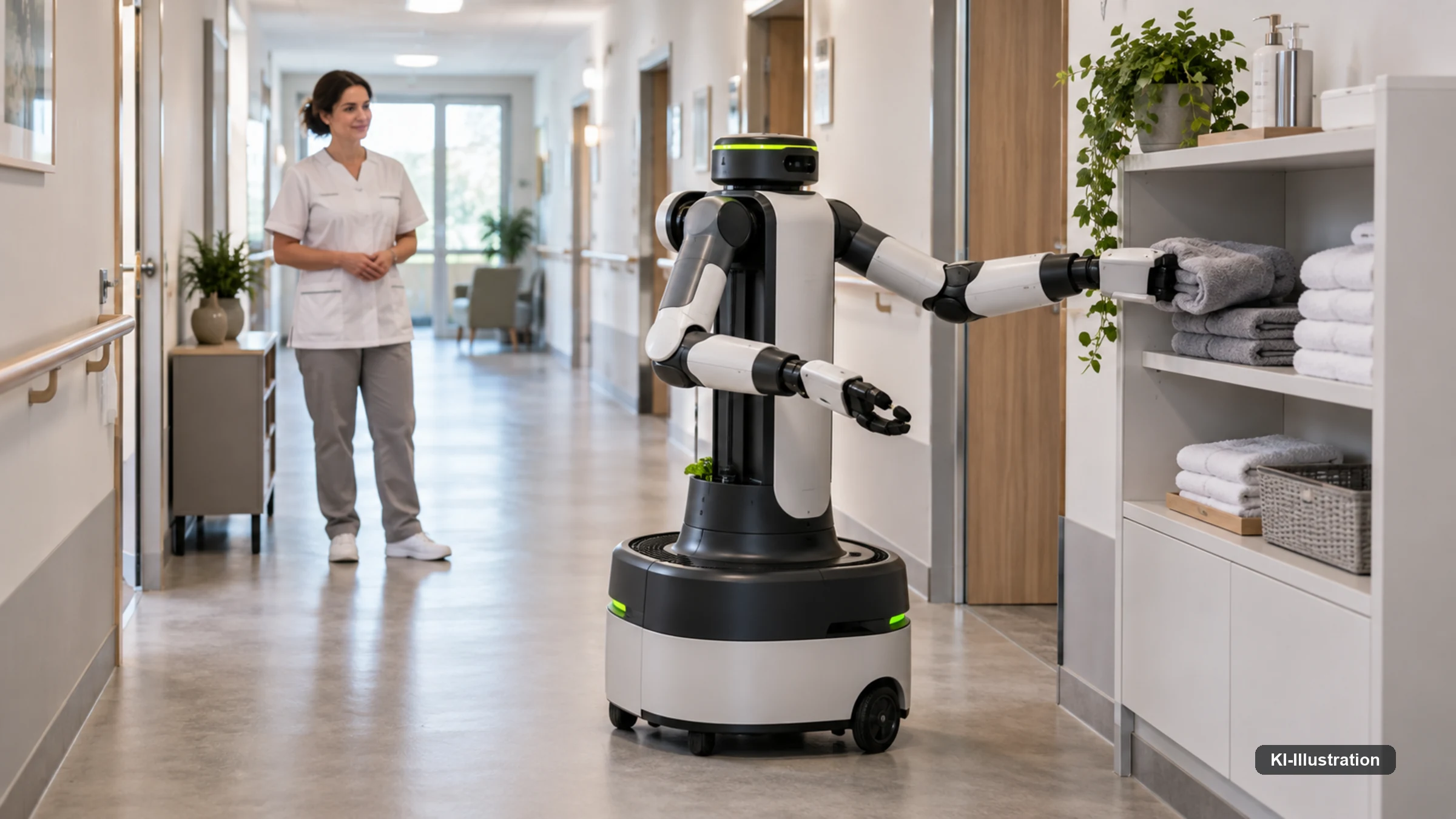 Pflegekraft beobachtet aus Distanz einen mobilen Roboter bei einer selbstständigen Serviceaufgabe.