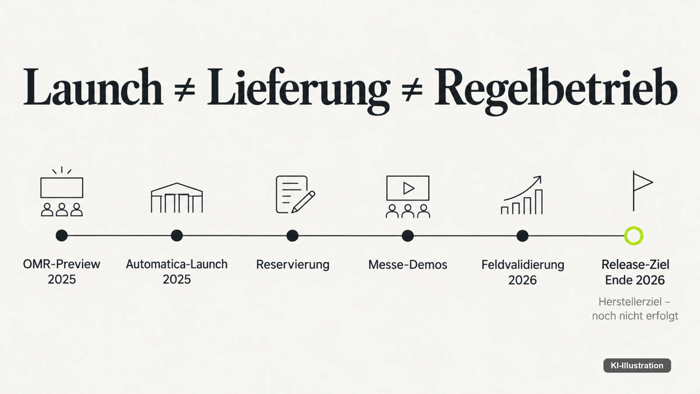 Zeitachse von der Messevorstellung über Launch und Reservierung bis zum Release-Ziel Ende 2026.