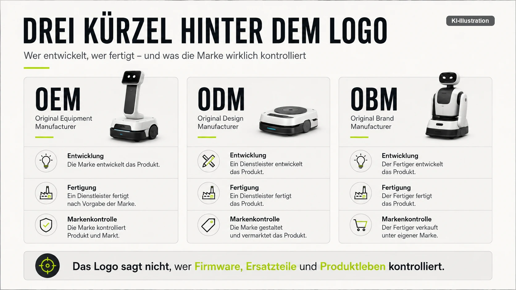 Vergleich dreier Fertigungsmodelle: OEM, ODM und OBM, jeweils nach Entwicklung, Fertigung und Markenkontrolle unterschieden.