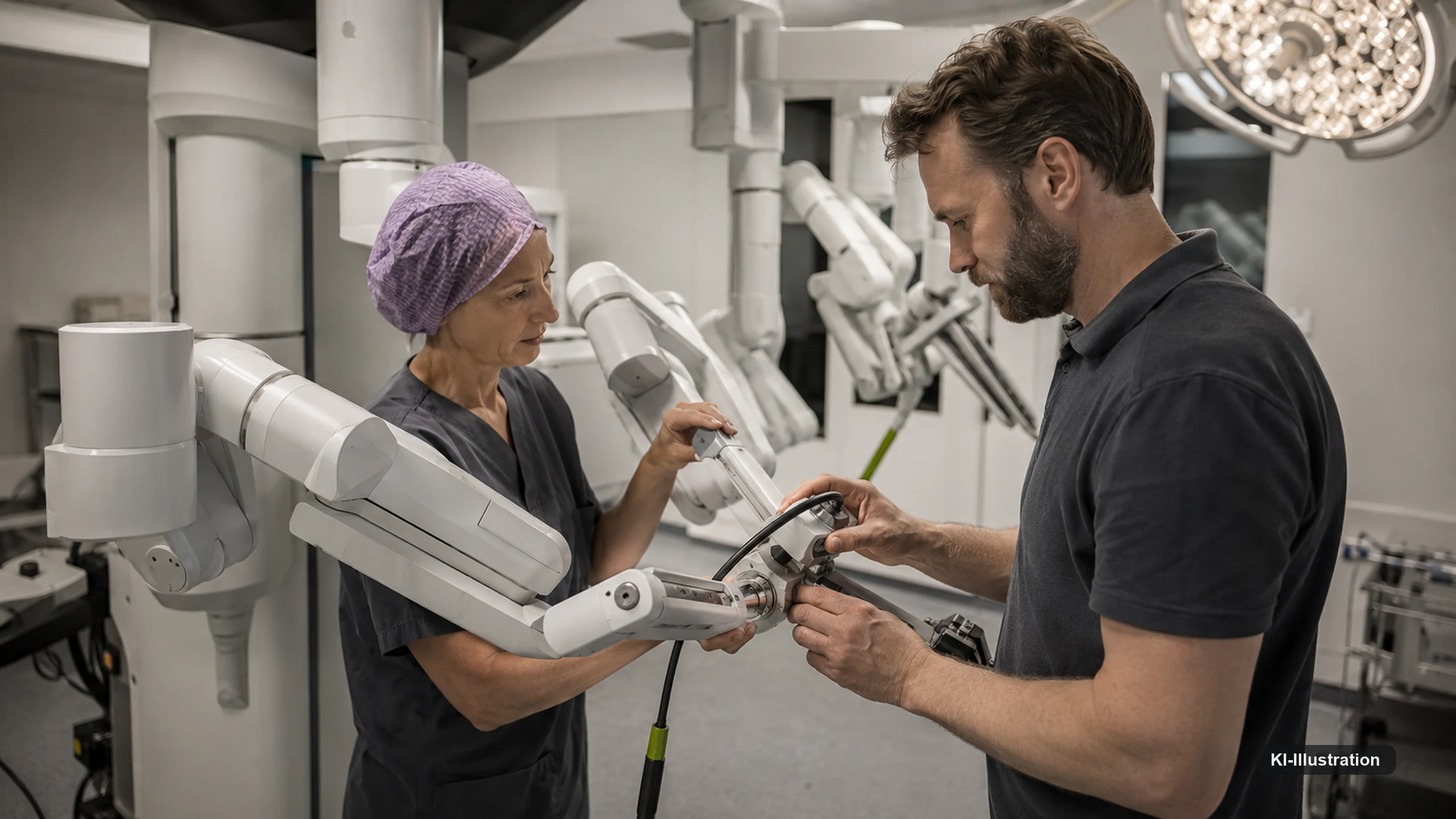 Eine Ärztin in Kittel und Haube und ein Techniker in Poloshirt halten gemeinsam den Instrumentenarm eines chirurgischen Robotersystems und begutachten das Gelenk.