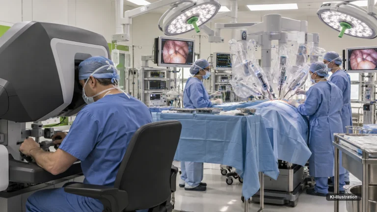 Operationssaal mit robotischem Assistenzsystem, Konsole im Vordergrund, Instrumentiertisch und Team im Hintergrund.