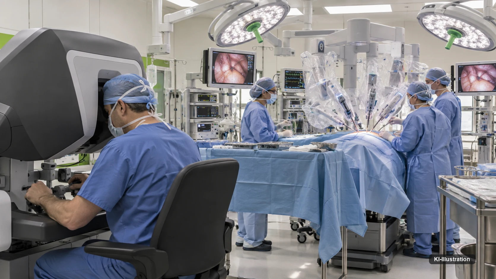 Operationssaal mit robotischem Assistenzsystem, Konsole im Vordergrund, Instrumentiertisch und Team im Hintergrund.