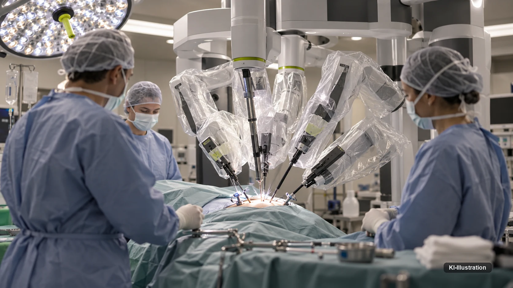 Vier steril bezogene Arme eines Operationsrobotersystems arbeiten über einem abgedeckten Patienten, daneben das Operationsteam im Saal.