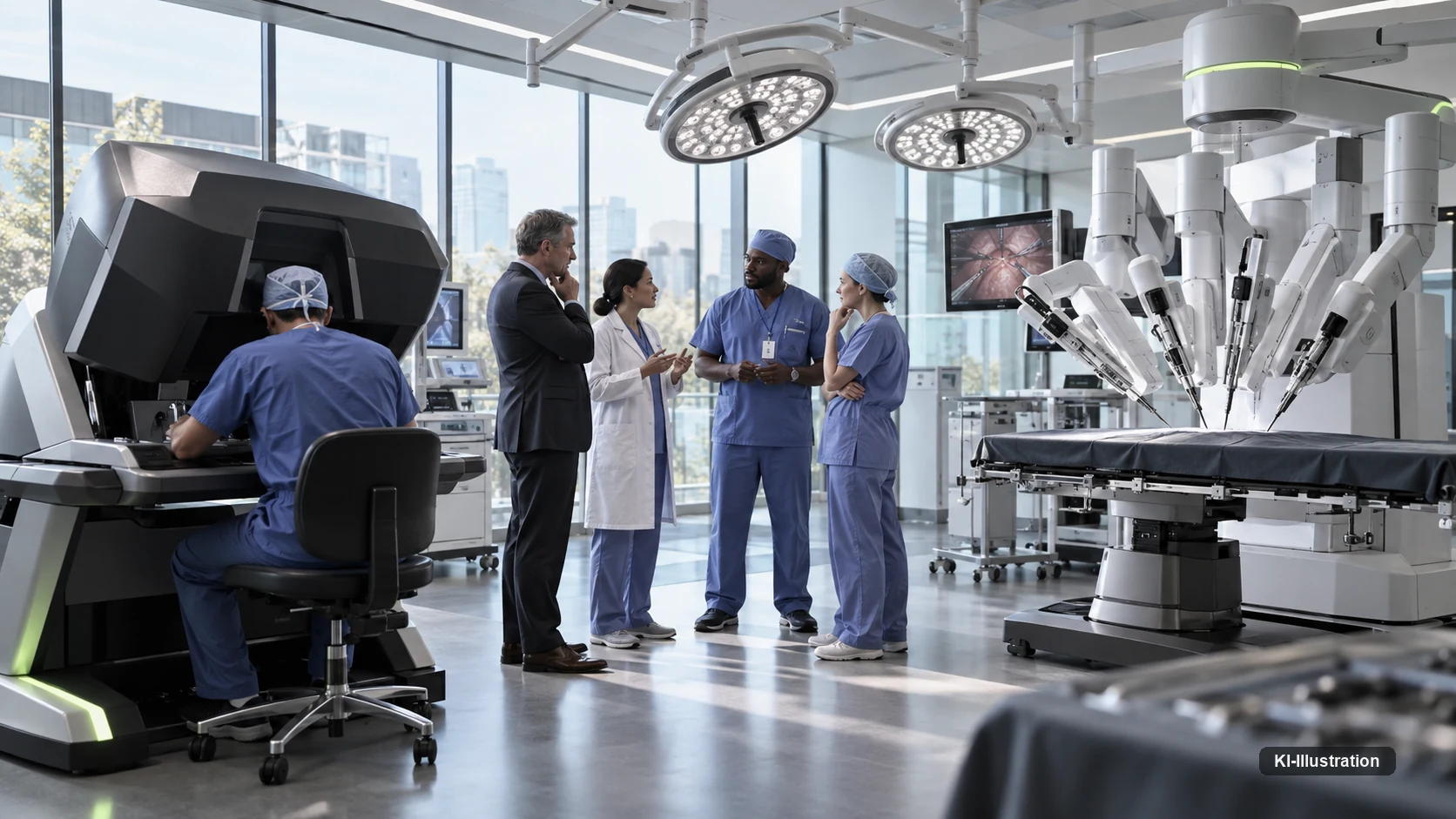 Operationssaal mit Steuerkonsole, Roboterarmen und einer Gruppe aus Ärztinnen, Pflegekräften und einem Verwaltungsvertreter im Gespräch