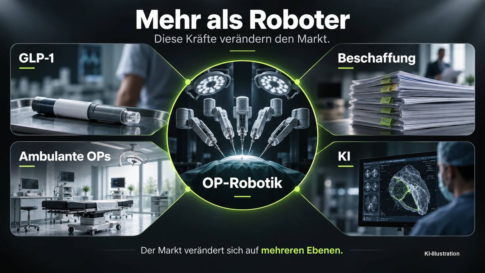Grafik: OP-Robotik im Zentrum, umgeben von GLP-1-Medikamenten, Beschaffung, ambulanten Operationen und künstlicher Intelligenz