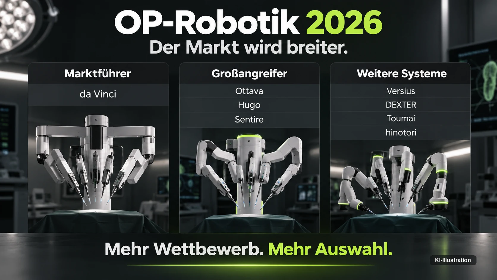 Übersichtsgrafik: da Vinci als Marktführer, Ottava, Hugo und Sentire als Großangreifer, Versius, DEXTER, Toumai und hinotori als weitere Systeme