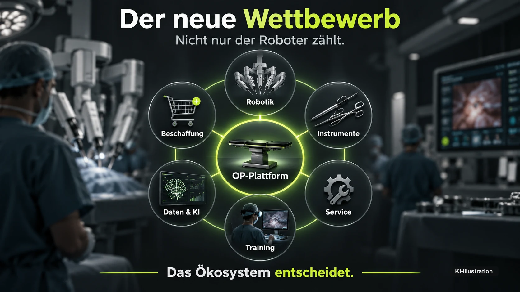 Grafik: OP-Plattform im Zentrum, darum Beschaffung, Robotik, Instrumente, Service, Training sowie Daten und KI