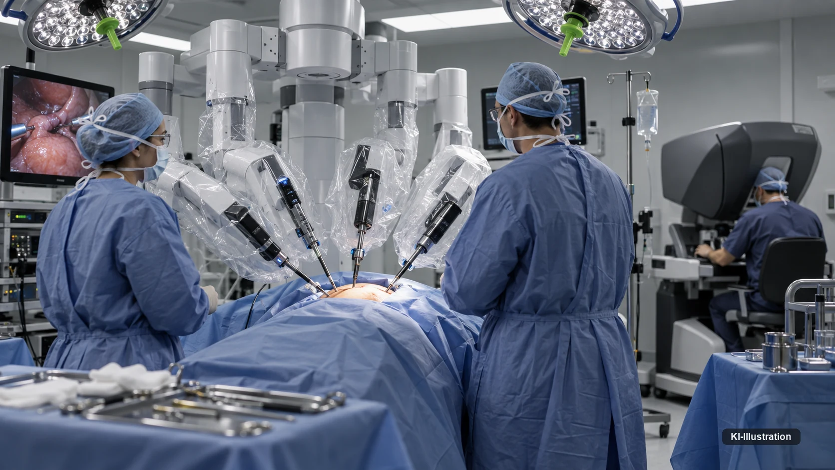 Robotisches Vierarm-System über einem Operationstisch, Operateurin an der Steuerkonsole