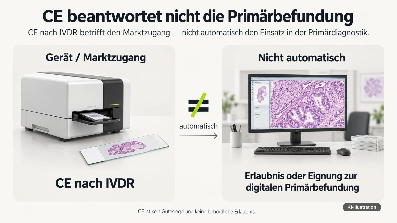 Gegenüberstellung: links ein Scanner mit dem Vermerk CE nach IVDR, rechts ein Befundarbeitsplatz mit der Aussage, dass Erlaubnis oder Eignung zur digitalen Primärbefundung nicht automatisch folgen.