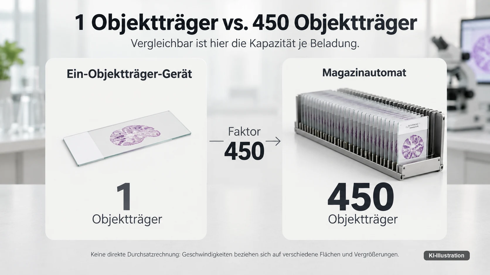 Gegenüberstellung: links ein einzelner Objektträger für ein Ein-Objektträger-Gerät, rechts ein Magazin mit 450 Objektträgern für einen Magazinautomaten.