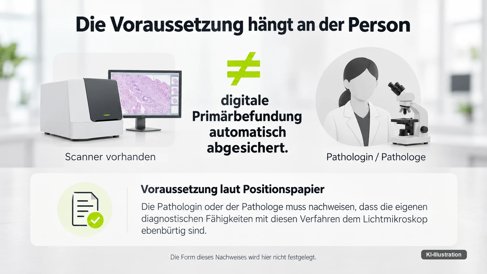 Gegenüberstellung: links ein vorhandener Scanner mit Befundmonitor, rechts eine Pathologin am Lichtmikroskop, dazwischen ein Ungleichheitszeichen und der Hinweis auf das Positionspapier.