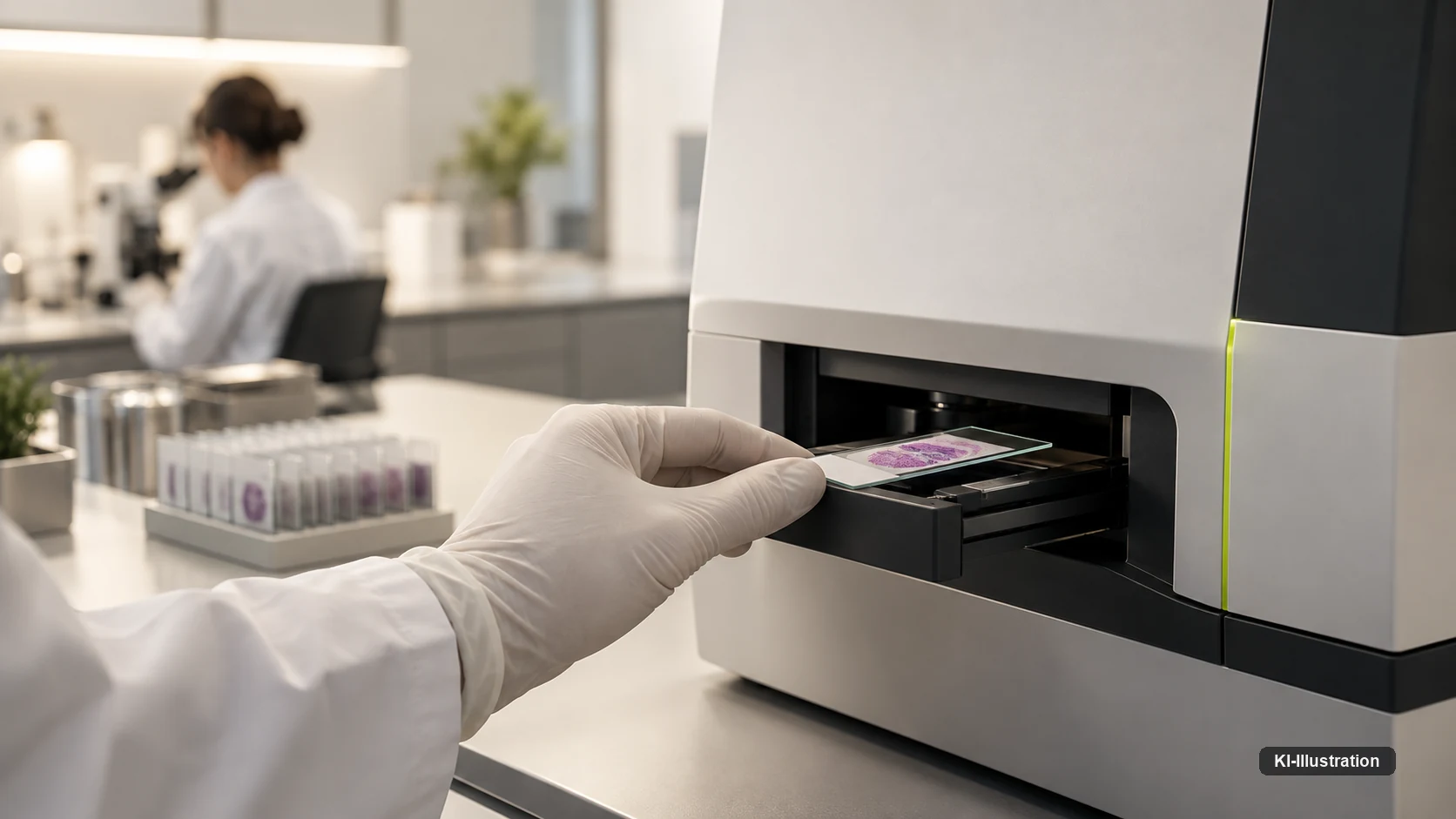 Eine behandschuhte Hand legt einen gefärbten Objektträger in die Aufnahme eines Scanners für digitale Pathologie; im Hintergrund ein Arbeitsplatz mit Lichtmikroskop.