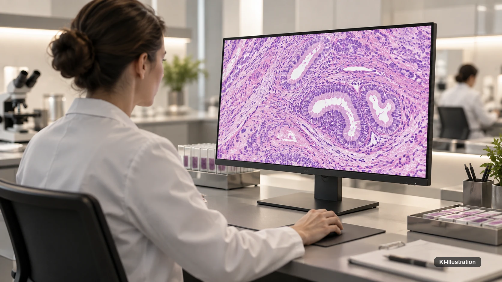 Eine Pathologin betrachtet an einem großen Monitor einen digitalisierten histologischen Schnitt; im Hintergrund Lichtmikroskope und Objektträgerablagen.