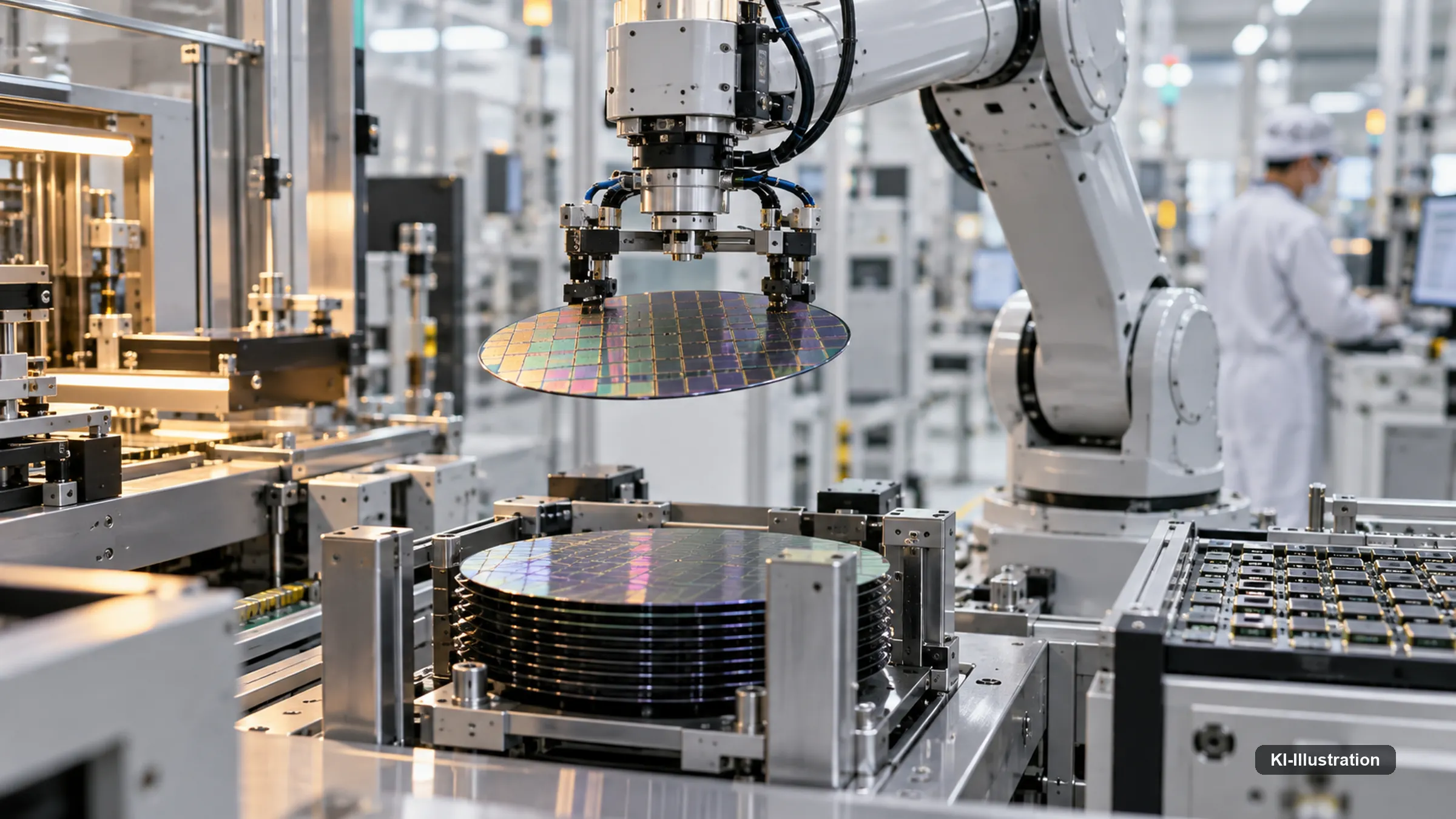 Roboterarm hebt einen Silizium-Wafer in einer Halbleiter-Reinraumfertigung.