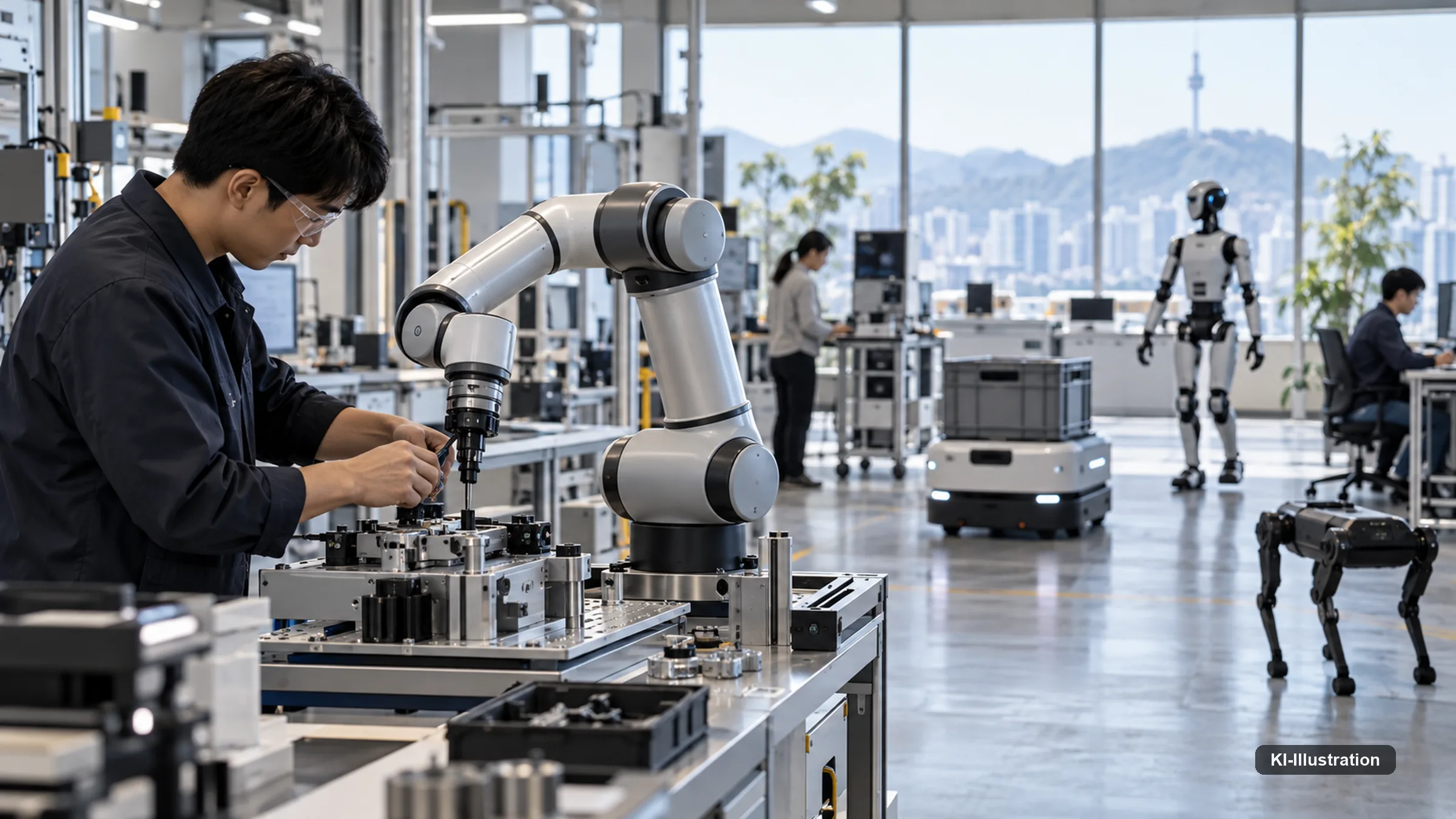 Techniker, Cobot, mobiler Roboter, humanoider Roboter und vierbeiniger Roboter arbeiten in einem koreanischen Robotiklabor mit Blick auf eine Stadtsilhouette.