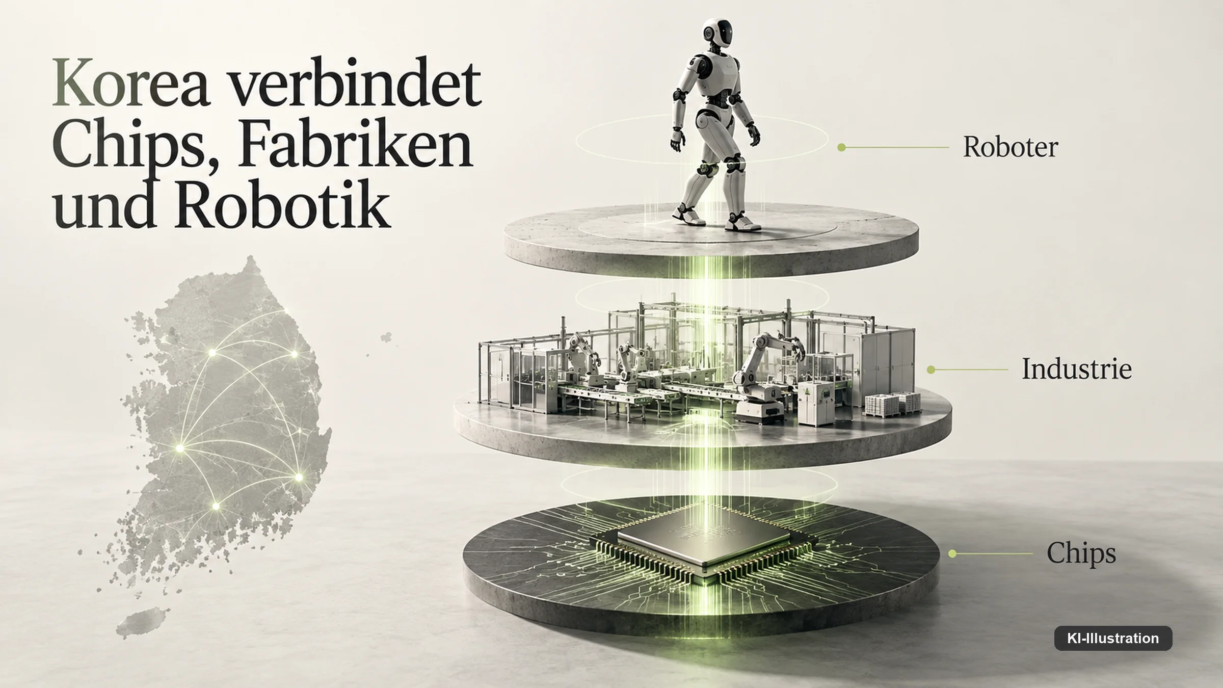 Redaktionelle Grafik: Drei übereinanderliegende Ebenen aus Chips, Fabrikautomation und humanoidem Roboter, verbunden durch Korea als Wertschöpfungskette.