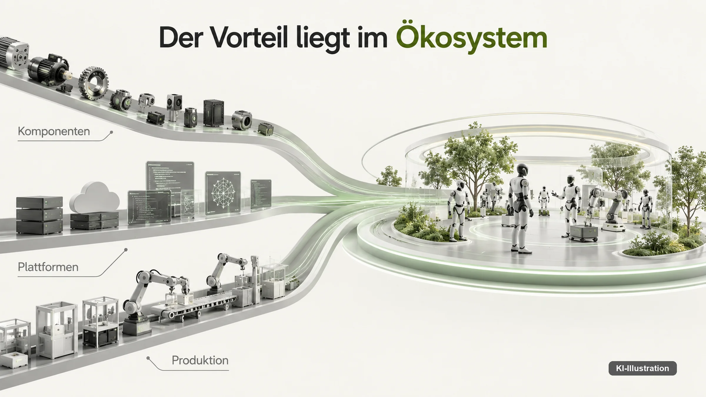 Redaktionelle Grafik: Komponenten, Plattformen und Produktion laufen in ein gemeinsames Robotik-Ökosystem mit mehreren humanoiden Robotern zusammen.