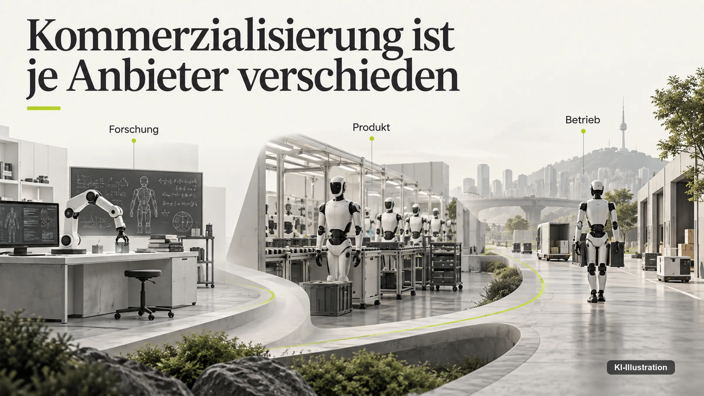 Redaktionelle Grafik: Forschung, Produkt und Betrieb als drei unterschiedliche Reifegrade der Kommerzialisierung, dargestellt entlang eines Wegs mit Robotern in Labor, Fertigung und Auslieferung.