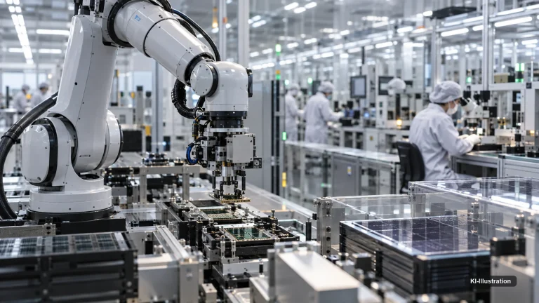 Industrieroboterarm bestückt Elektronikbauteile in einer koreanischen Halbleiter- und Elektronikfertigungshalle.