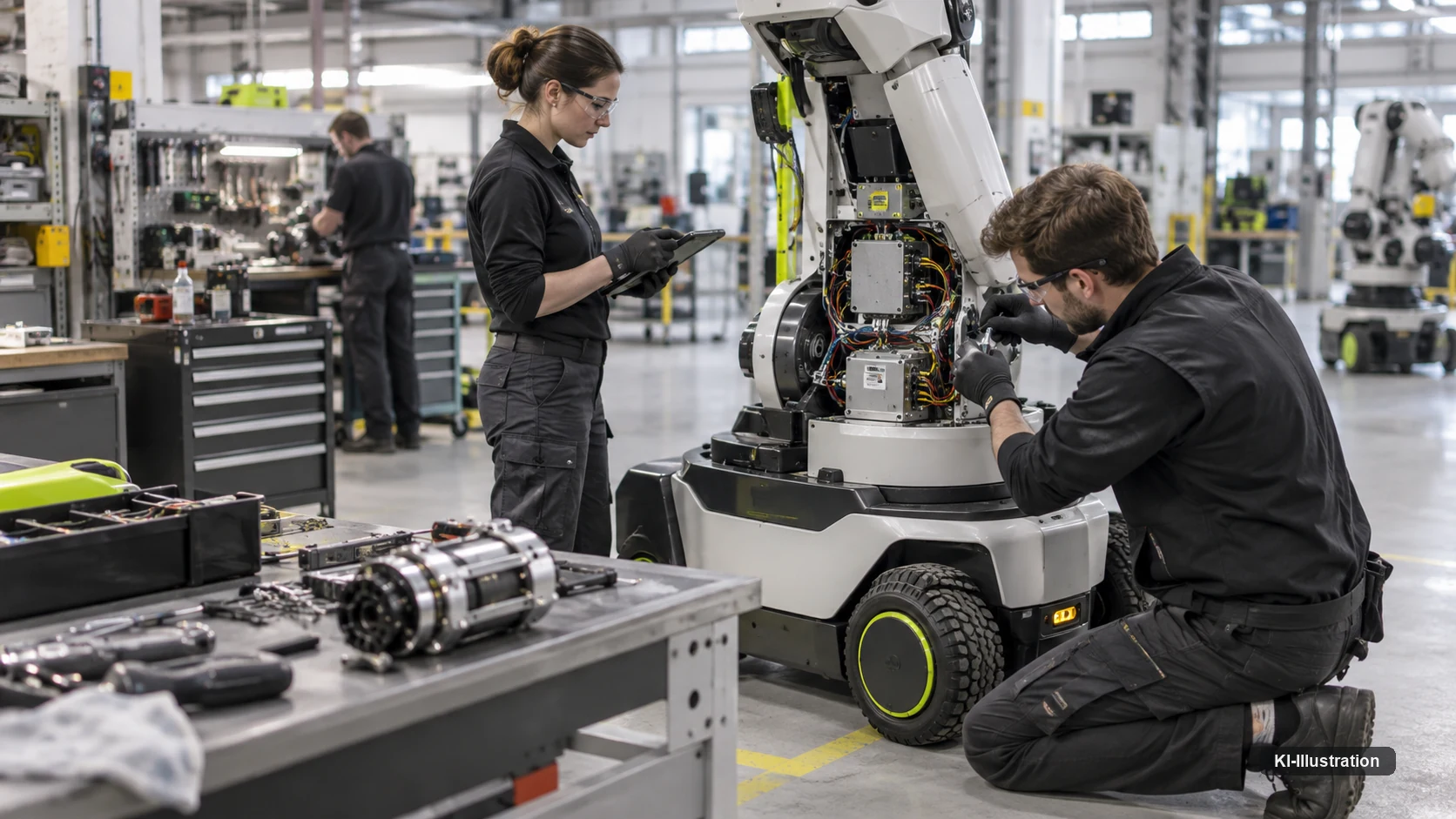 Flotte fahrerloser Transportsysteme in einem Fabrikgang, im Hintergrund eine Person und ein Roboterarm.