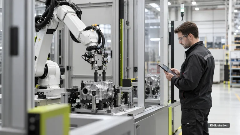 Person mit Tablet vor Monitoren mit Netzwerkdiagramm und Kamerabild eines Roboterarms.