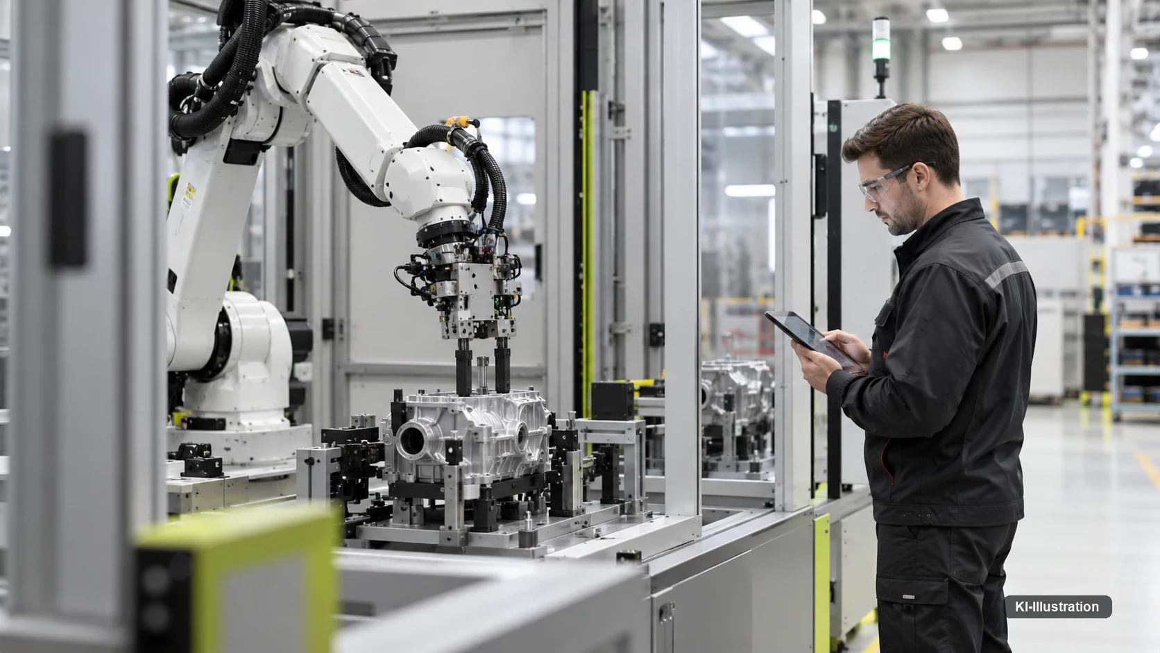 Person mit Tablet vor Monitoren mit Netzwerkdiagramm und Kamerabild eines Roboterarms.