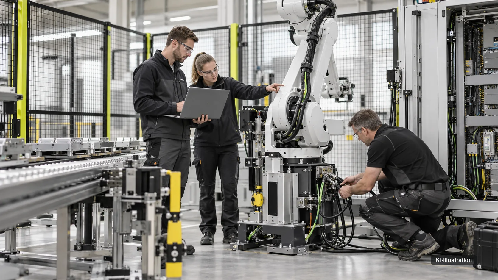Kniender und stehender Mitarbeiter mit Klemmbrettern an einem Roboterarm mit Metallteilen.
