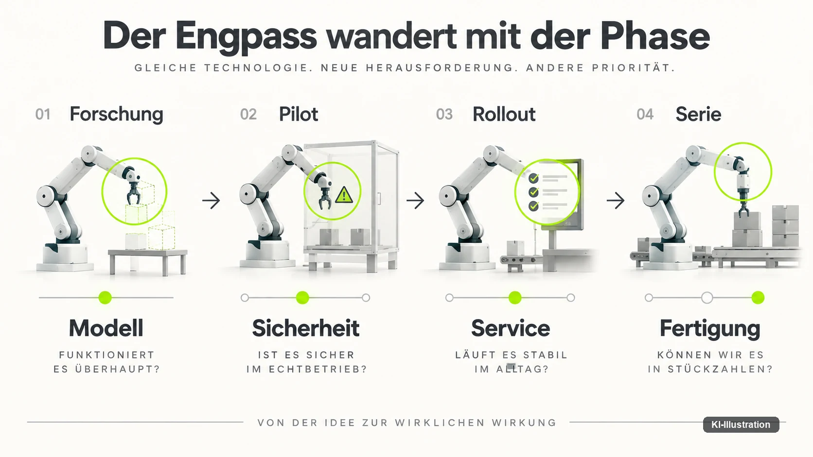 Zwei Techniker prüfen Metallteile an einer Fertigungszelle mit Roboterarm.