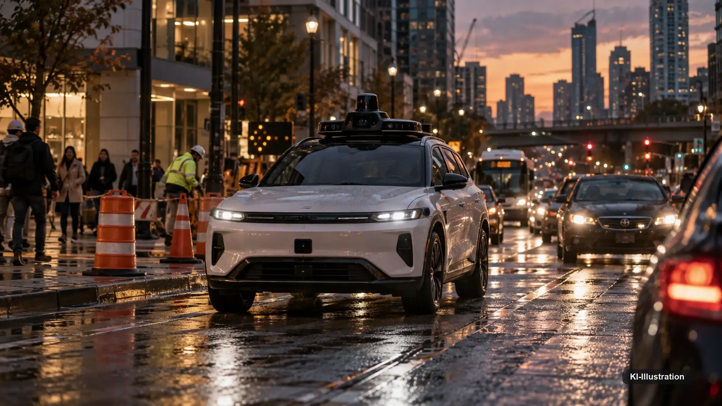 Autonomes Fahrzeug in dichtem Stadtverkehr zwischen Radfahrern, parkenden Lieferwagen und Fußgängern