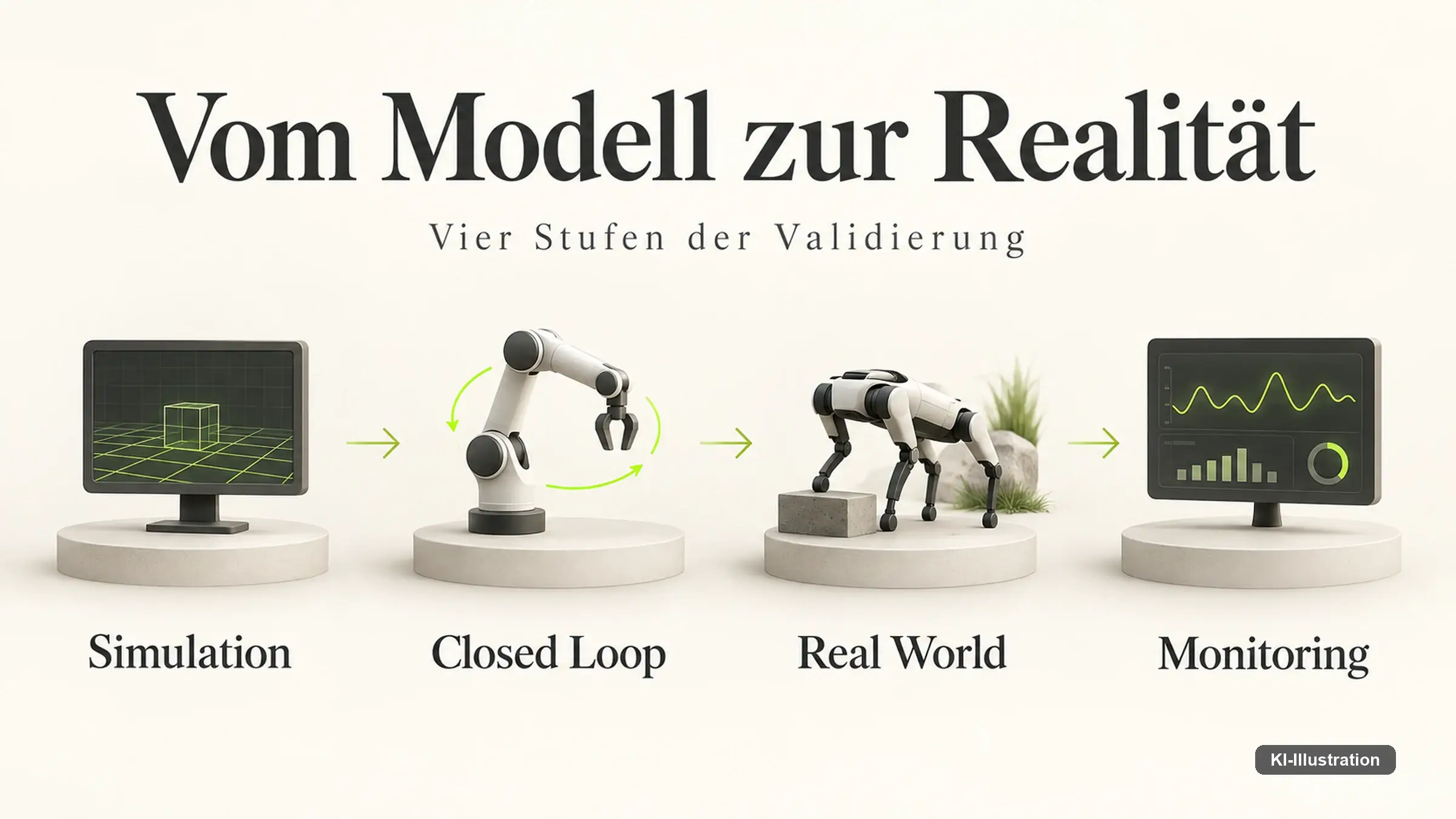 Grafik mit vier aufeinanderfolgenden Validierungsstufen: Simulation, geschlossener Regelkreis, Realbetrieb und laufende Überwachung