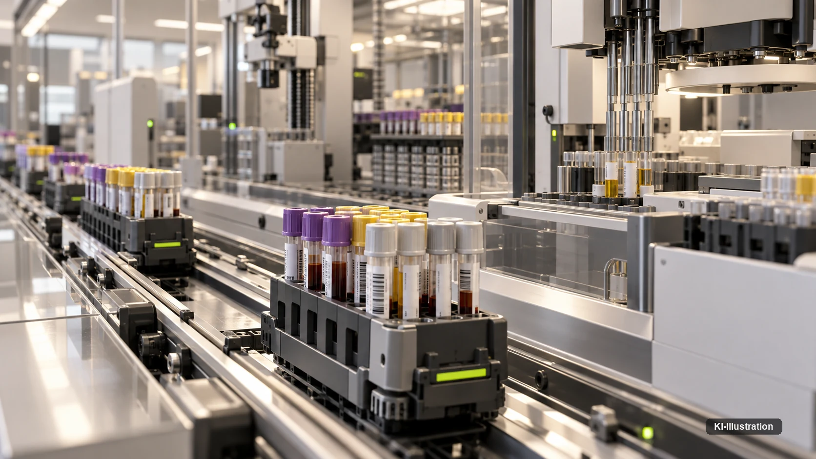Nahaufnahme von Trägern mit beschrifteten Probenröhrchen auf der Schiene einer Laborstraße, im Hintergrund ein Pipettiermodul.