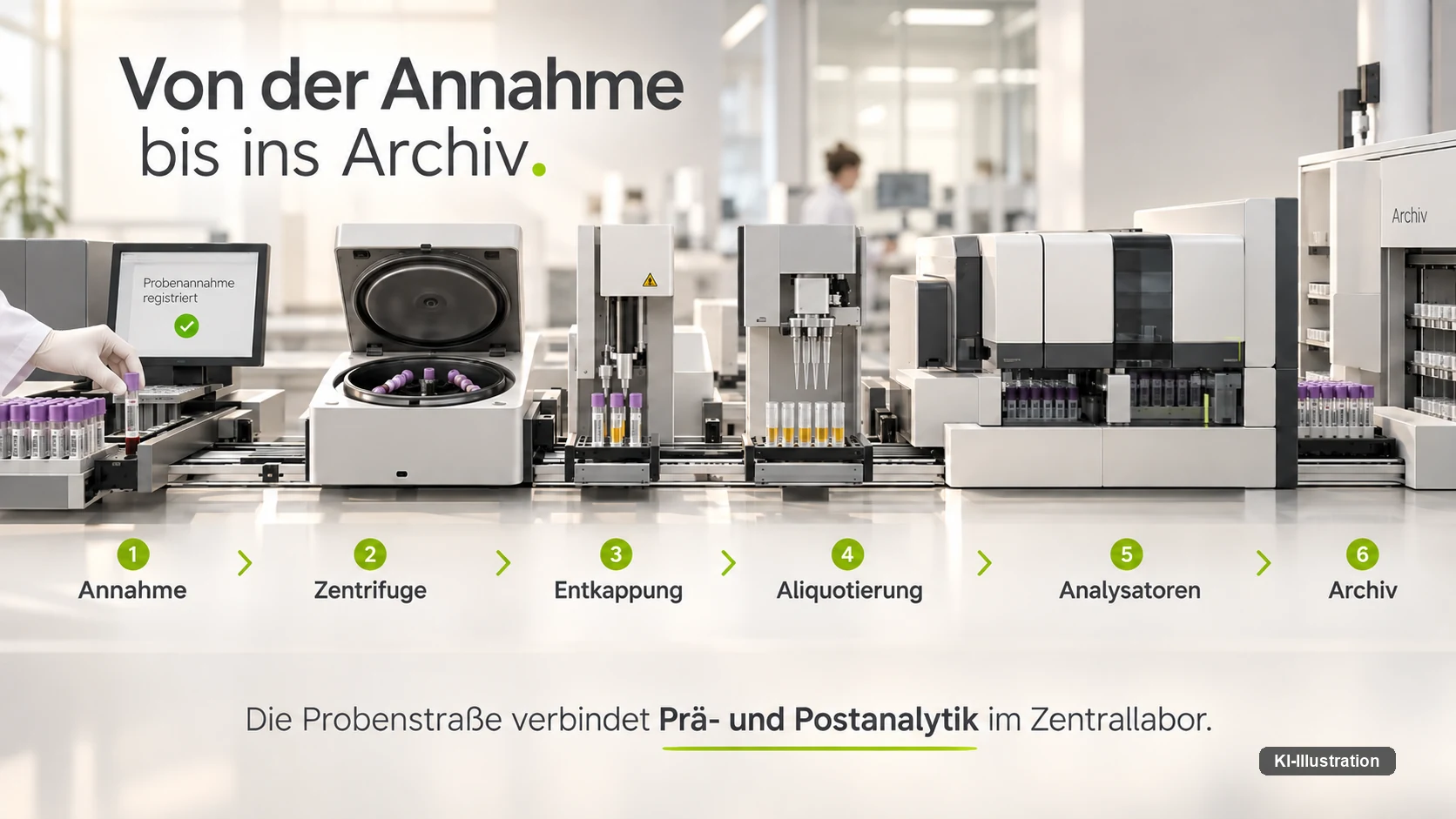 Prozesskette einer Probenstraße in sechs Schritten: Annahme, Zentrifuge, Entkappung, Aliquotierung, Analysatoren, Archiv.