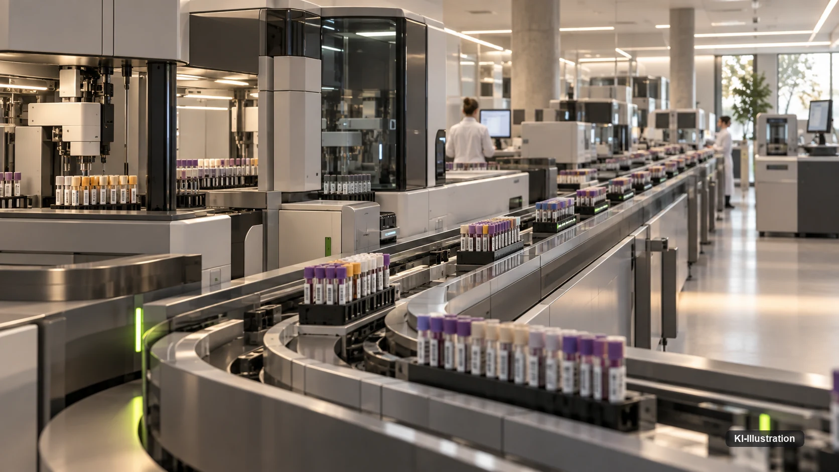 Bahnsystem eines klinischen Zentrallabors: Probenröhrchen in Trägern laufen auf einer geschwungenen Schiene an mehreren Analysemodulen vorbei.