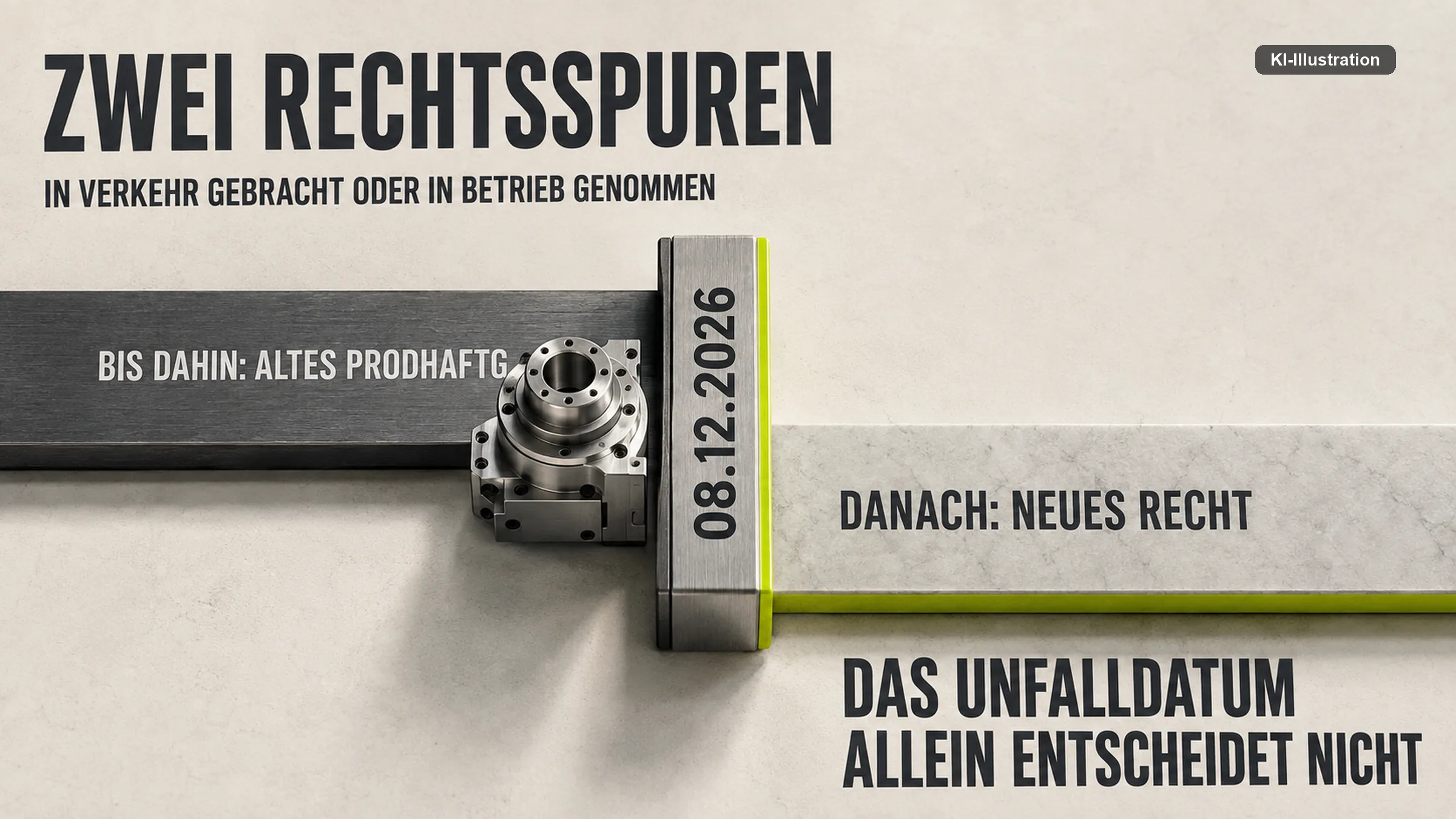Zwei parallele Schienen treffen auf eine Schwelle mit der Aufschrift 08.12.2026: links das alte Produkthaftungsgesetz, rechts das neue Recht.