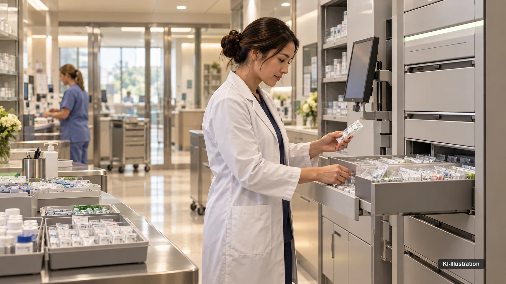 Apothekerin entnimmt einzeln verpackte Arzneimitteldosen aus einem Kommissionierautomaten in einer Krankenhausapotheke.