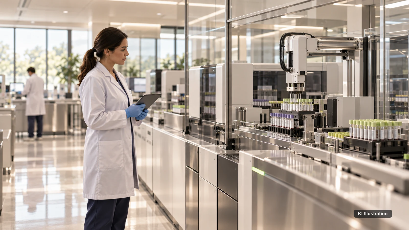 Laborfachkraft mit Tablet vor einer automatisierten Analysestrecke mit Probenröhrchen in einem Klinikzentrallabor.