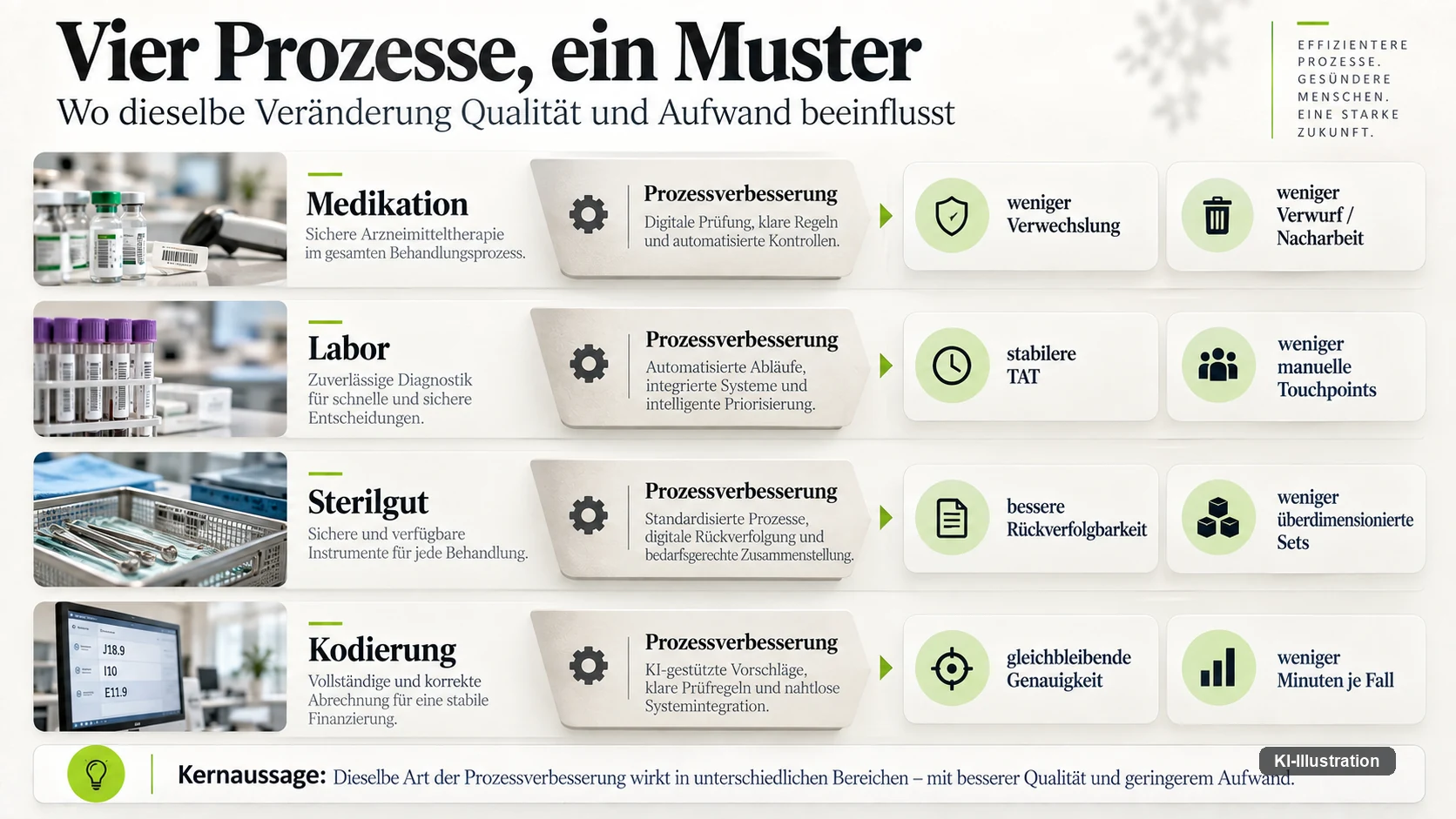 Schaubild mit vier Zeilen — Medikation, Labor, Sterilgut, Kodierung —, die jeweils eine Prozessverbesserung mit einer Qualitäts- und einer Aufwandswirkung verbinden.