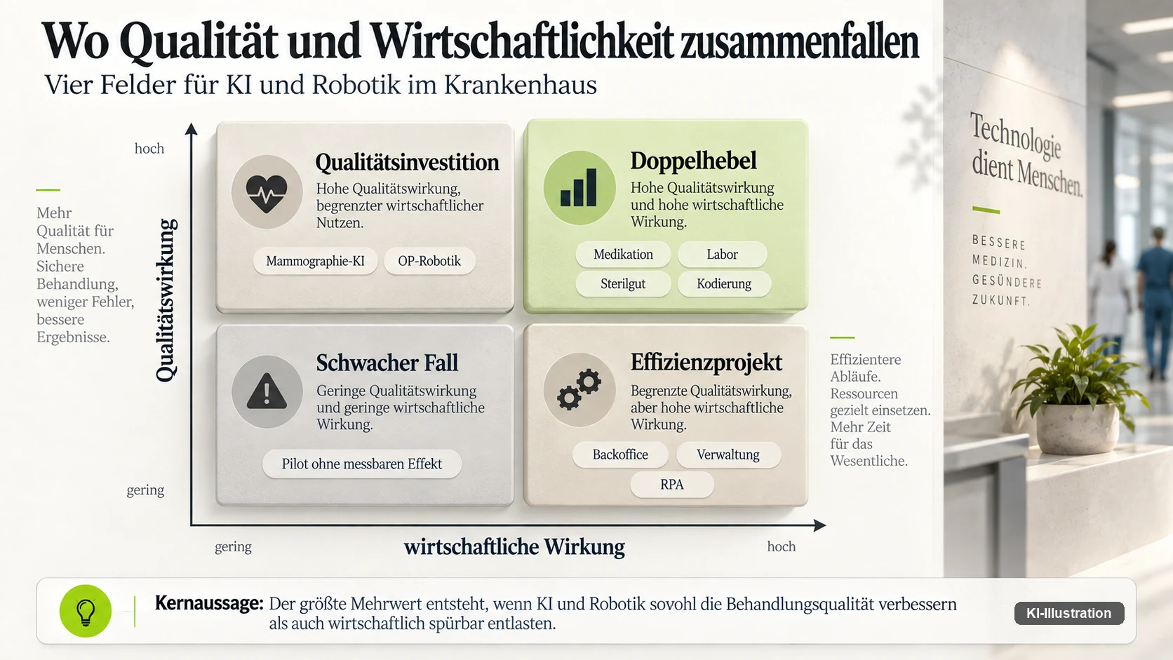 Vier-Felder-Schaubild mit den Achsen Qualitätswirkung und wirtschaftliche Wirkung: Qualitätsinvestition, Doppelhebel, schwacher Fall und Effizienzprojekt.