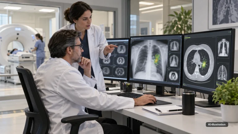 Zwei Radiologen betrachten an einem Befundarbeitsplatz Röntgen- und CT-Aufnahmen des Brustkorbs, auf zwei Monitoren ist ein Herdbefund farbig markiert; links im Raum ein CT mit einer Patientin.