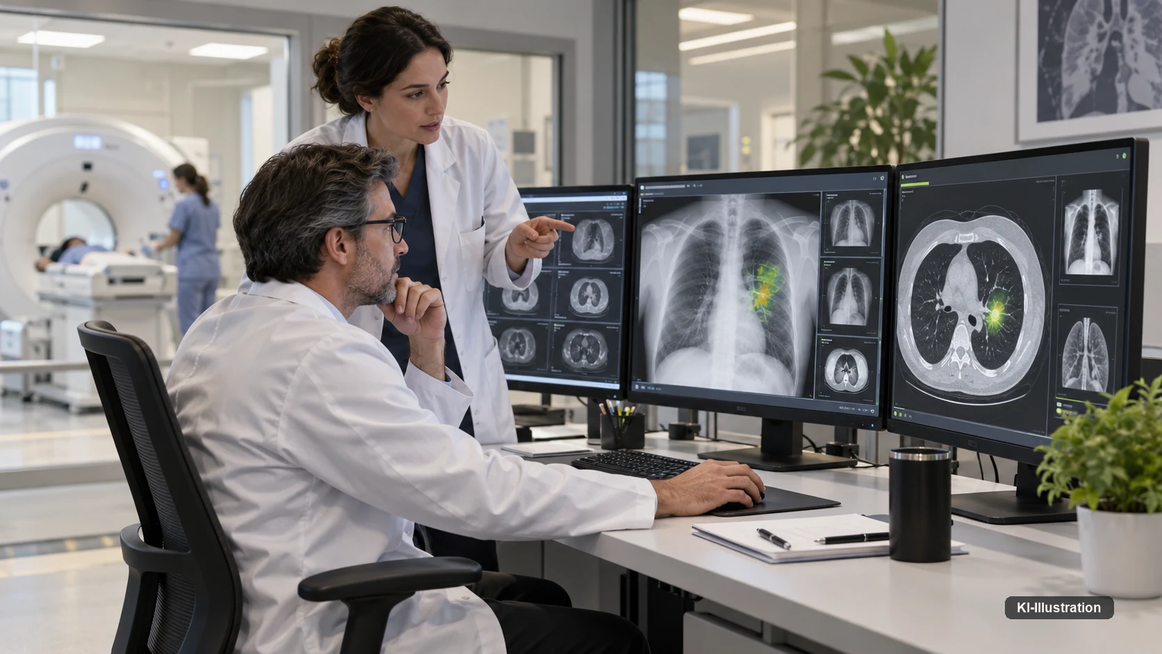 Zwei Radiologen betrachten an einem Befundarbeitsplatz Röntgen- und CT-Aufnahmen des Brustkorbs, auf zwei Monitoren ist ein Herdbefund farbig markiert; links im Raum ein CT mit einer Patientin.