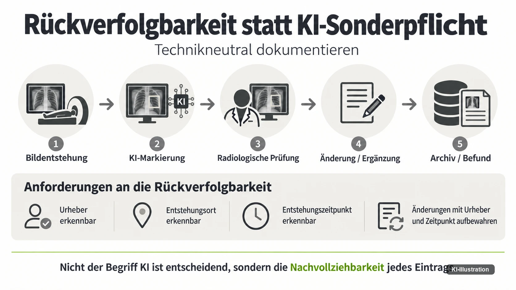 Ablauf von der Bildentstehung über die KI-Markierung und die radiologische Prüfung bis zu Änderung und Archiv, darunter vier Anforderungen an die Rückverfolgbarkeit.