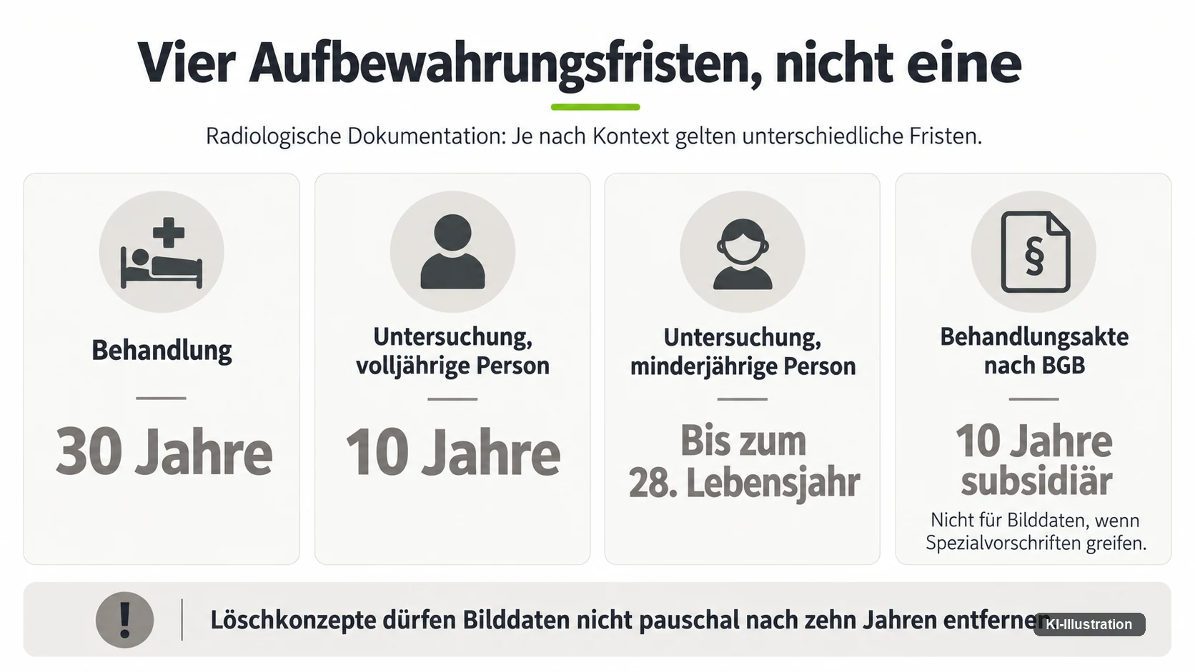 Vier Aufbewahrungsfristen nebeneinander: Behandlung 30 Jahre, Untersuchung volljährige Person 10 Jahre, minderjährige Person bis zum 28. Lebensjahr, Behandlungsakte nach BGB 10 Jahre subsidiär.