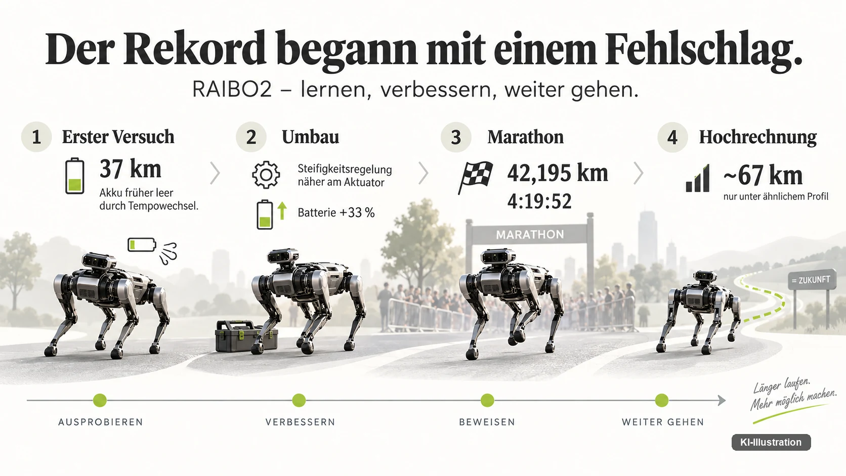 Vierschritt: erster Versuch bei 37 Kilometern, Umbau mit Steifigkeitsregelung und 33 Prozent mehr Batterie, Marathon über 42,195 Kilometer in 4:19:52, Hochrechnung auf rund 67 Kilometer.