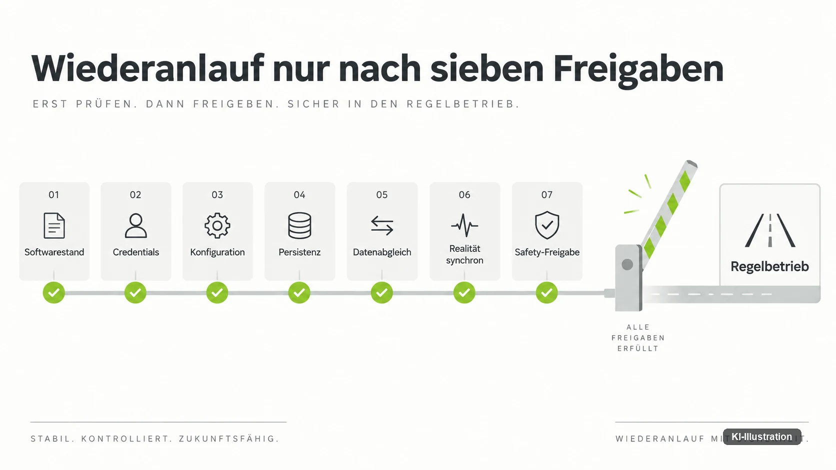 Drei Personen mit Klemmbrett und Tablet an einem Schaltschrank neben einem Roboterarm.