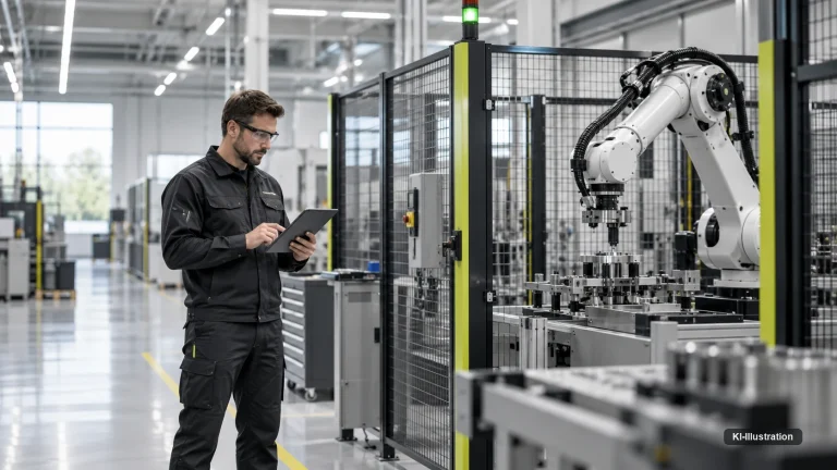 Techniker mit Tablet in einem Serverraum mit Schaltschränken und Rohrleitungen.