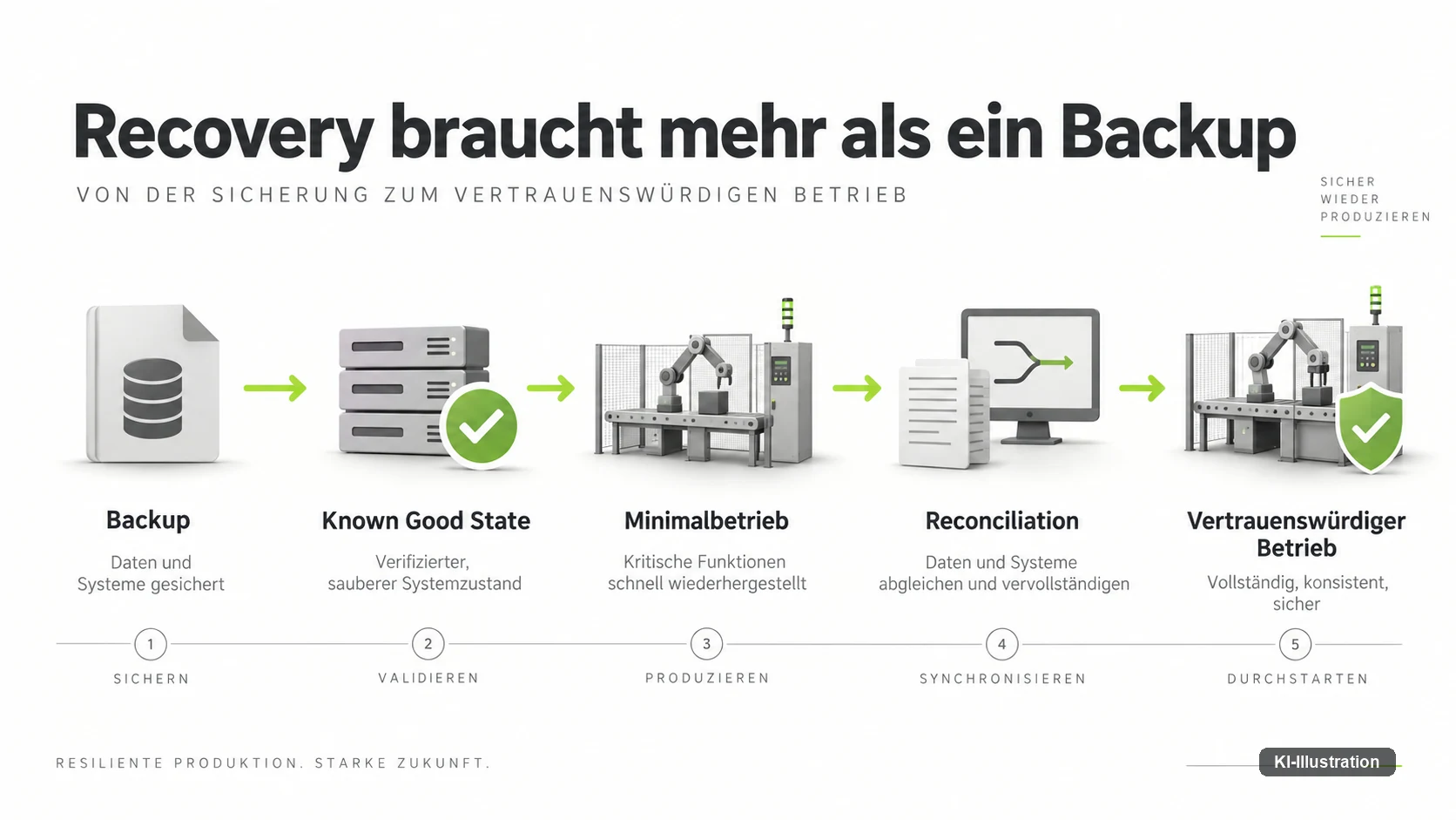 Recovery ist ein Zustand, kein Dateiwiederherstellen — vom Backup ueber den Known Good State und den Minimalbetrieb bis zur Reconciliation braucht es mehrere Schritte, bevor wieder vertrauenswuerdiger Betrieb steht.