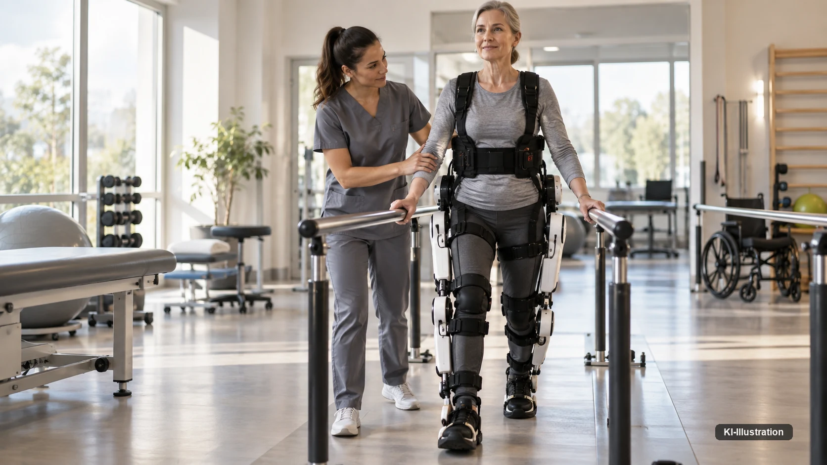 Eine Therapeutin begleitet eine Patientin, die mit einem Exoskelett an Beinen und Rumpf zwischen zwei Gehbarren geht; im Hintergrund Therapieraum mit Rollstuhl und Trainingsgeräten.