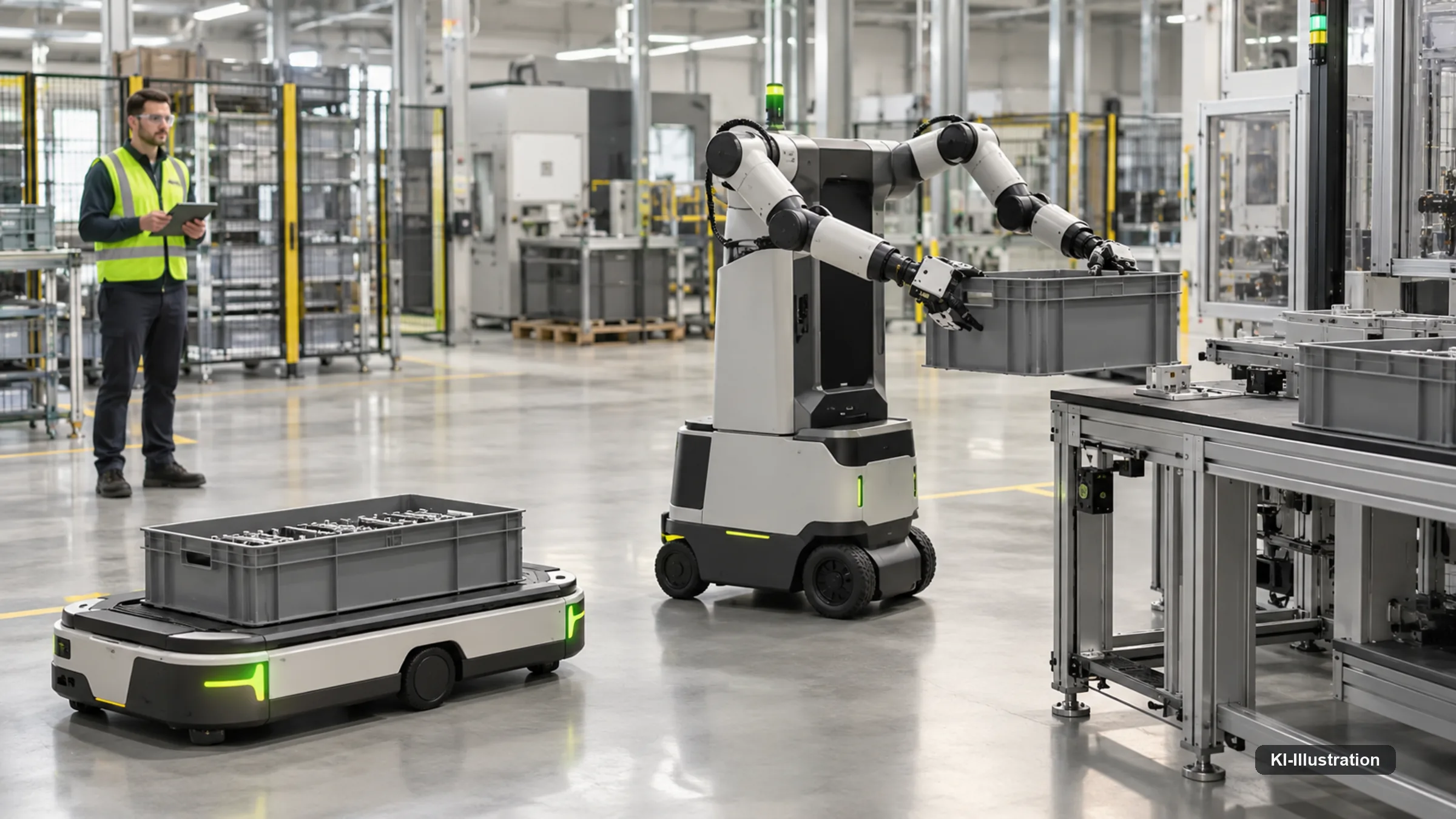Mobiler Industrieroboter bewegt Material in einer Fertigungs- und Lagerumgebung.