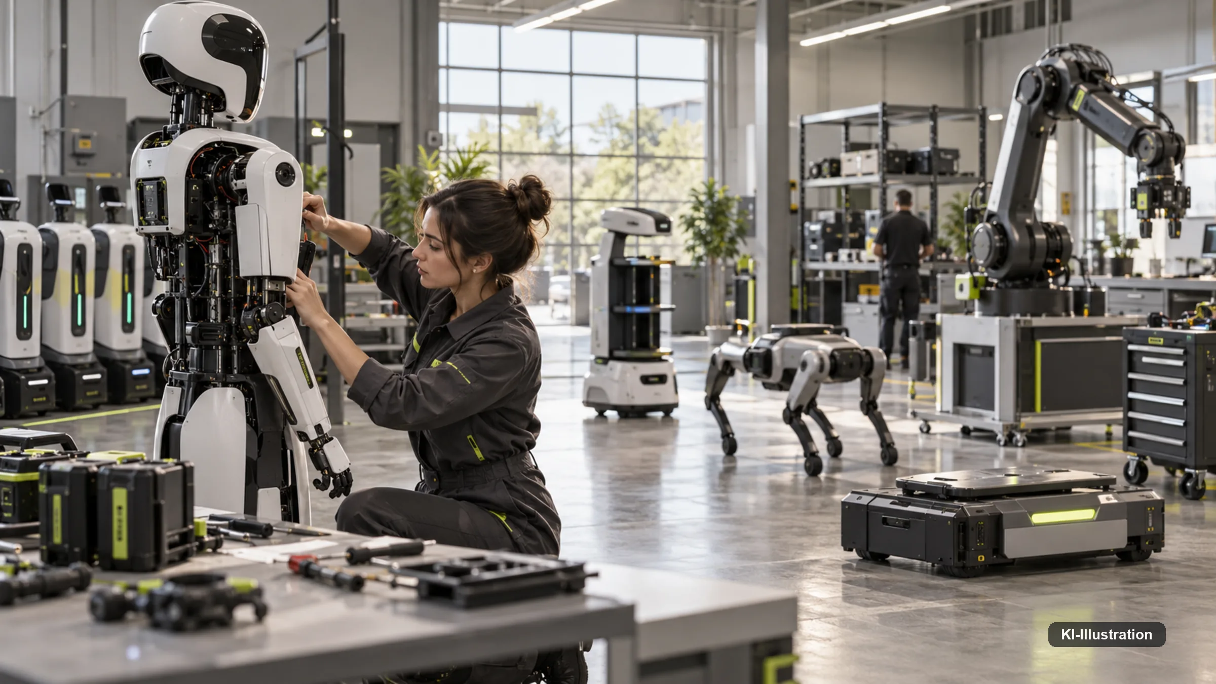 Techniker betreut mehrere Roboter einer Flotte an einer Wartungs- und Ladestation.