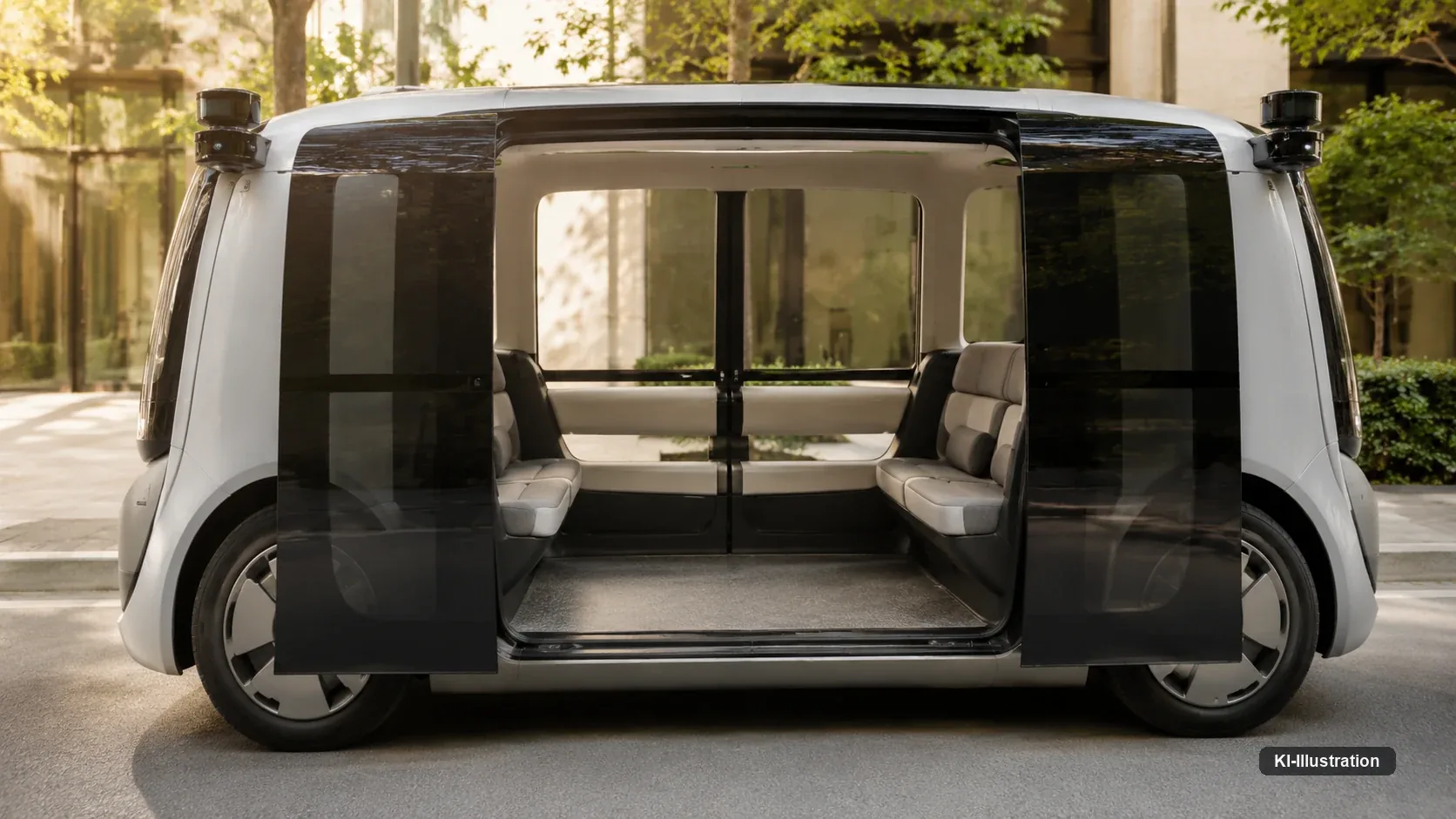 Seitenansicht des Robotaxis mit geöffneten Schiebetüren; im Innenraum stehen sich zwei Sitzreihen gegenüber, ein Fahrersitz fehlt.